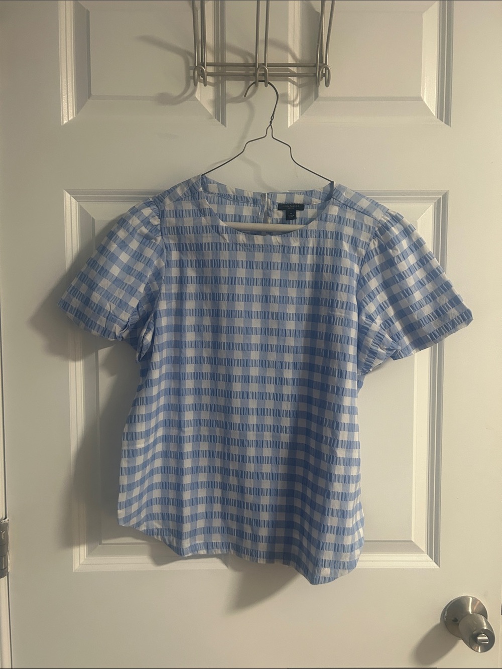 Ann Taylor Blue and White Gingham Short-Sleeve Top